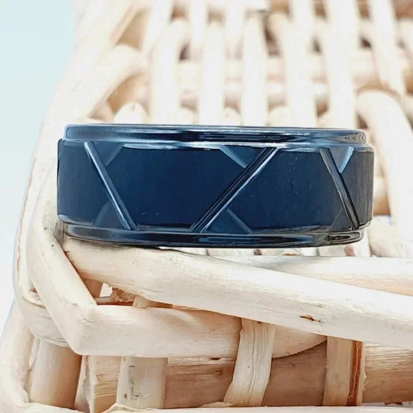 "Geometric Pattern Black Tungsten Wedding Band, GALTUN1024 - Picture 3 of 5